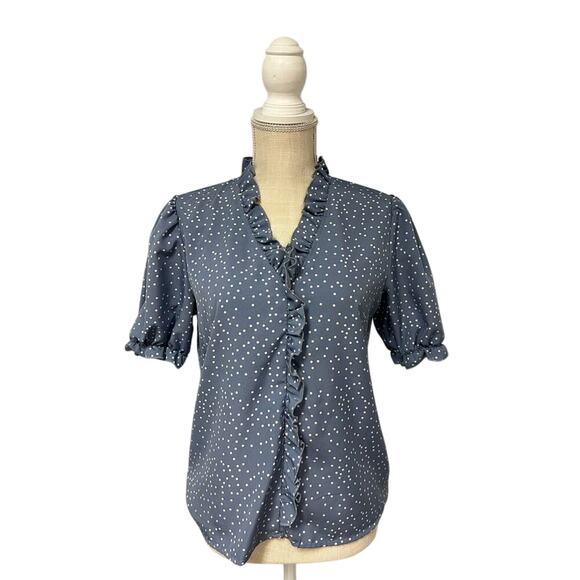 SHEIN Blue Polka Dot Ruffled Neck Blouse - Picture 1 of 4